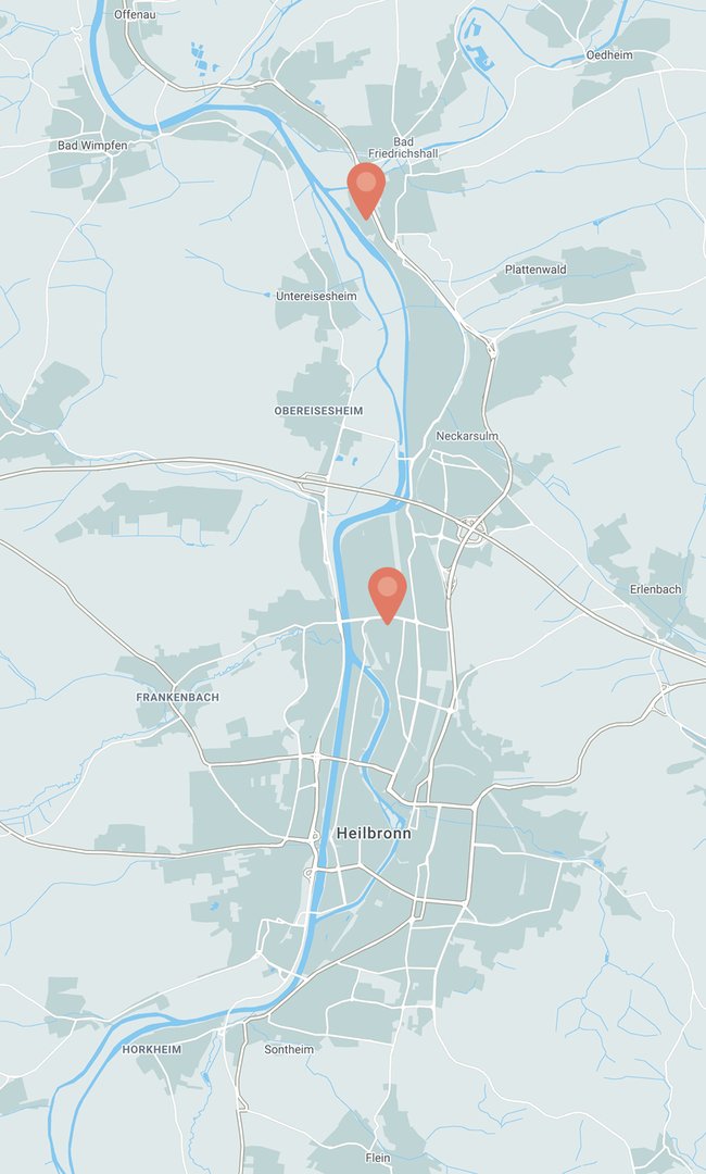Illustration einer Landkarte der Heilbronner Region, auf der die beiden Standorte in Heilbronn und Bad Friedrichshall gekennzeichnet sind